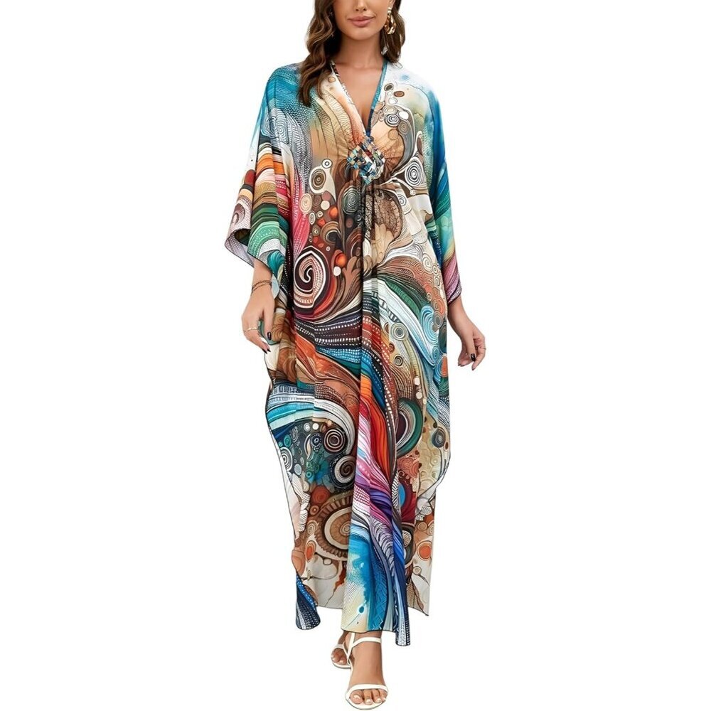 Women Multi Color Sleeve Kaftan Flowy Lightweight loungewear Dress Caftan Maxi